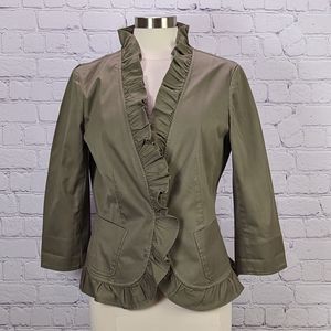 Talbots Size 12 Blazer Jacket Fatigue Green with Ruffled Neckline & Collar 3/4